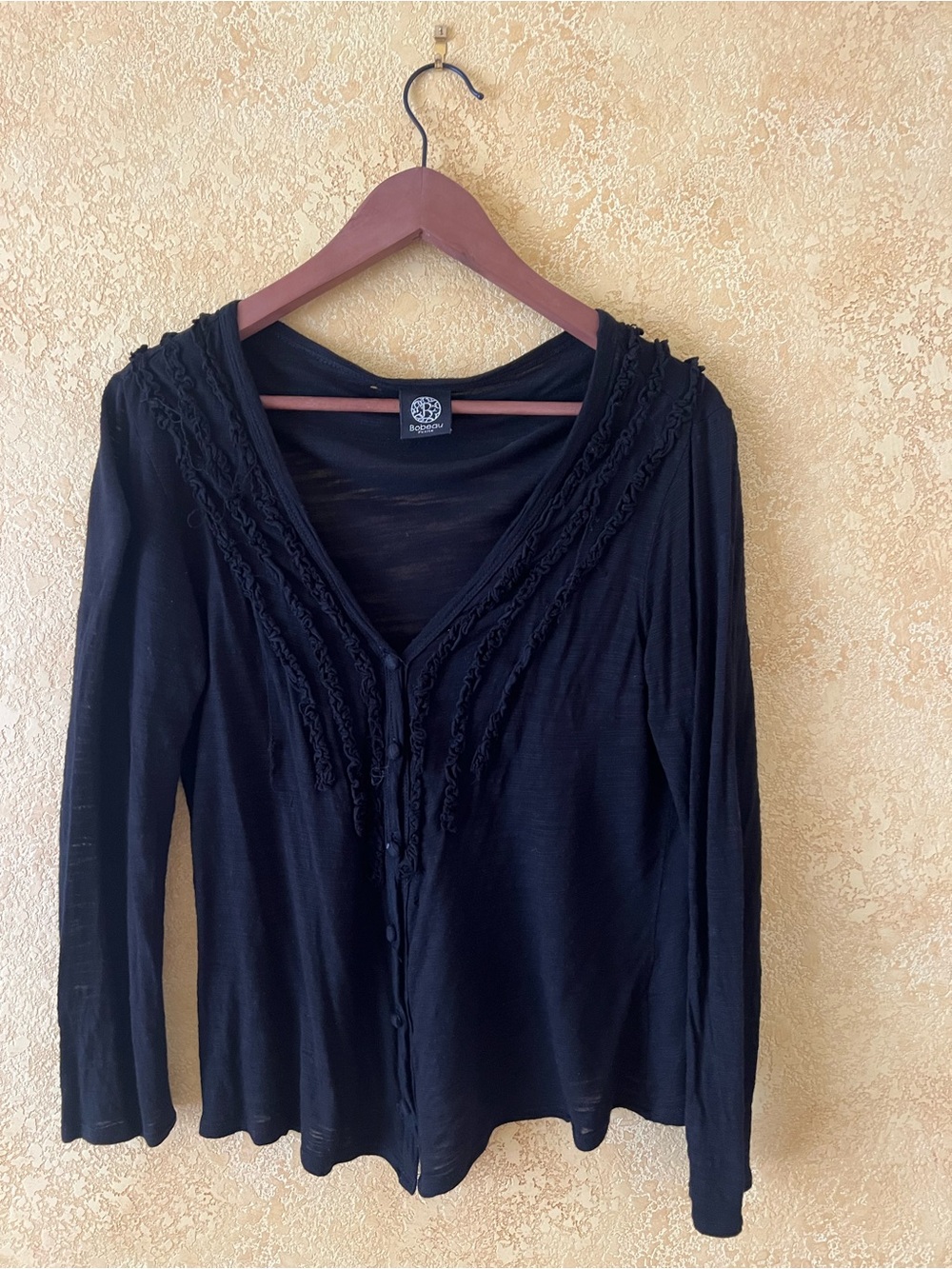 Black Women's Button-Front V-Neck Top with Ruffle Trim